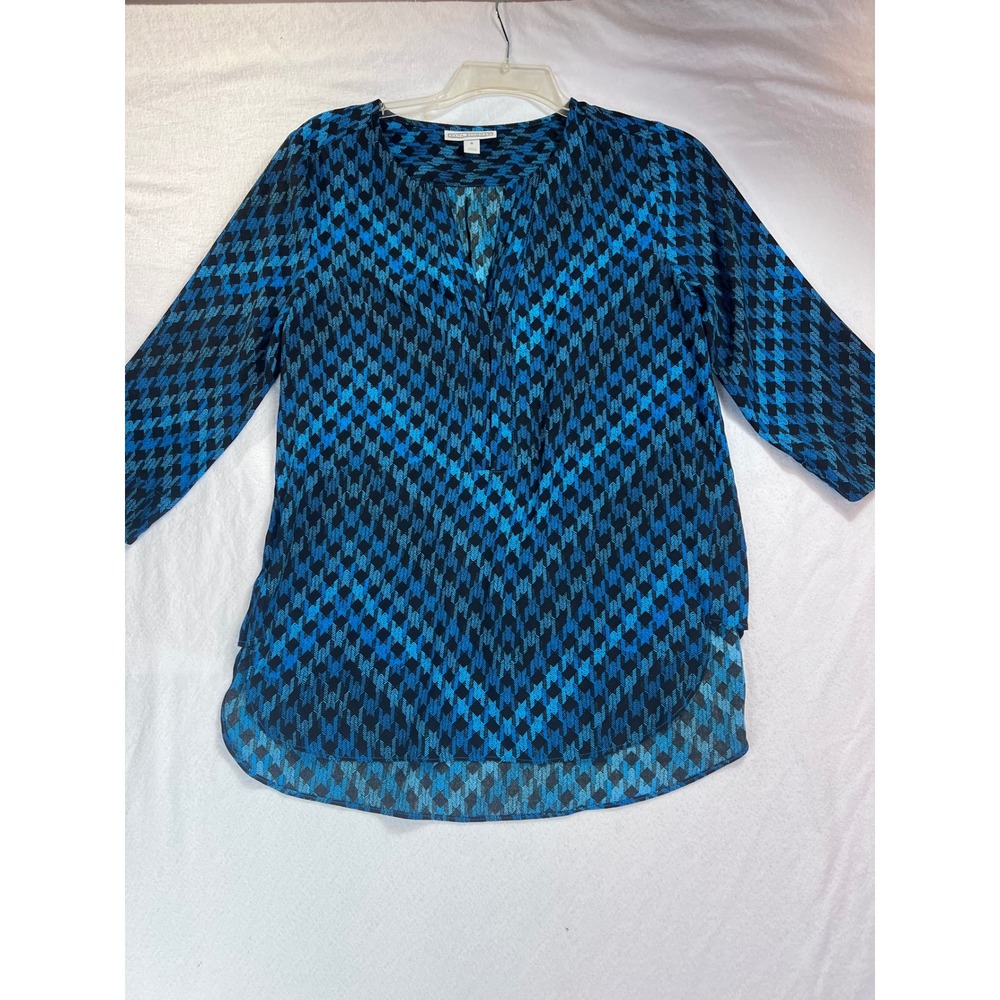 Dana Buchman Women Blue Black Geometric Chevron 3/4 Sleeve Blouse Small